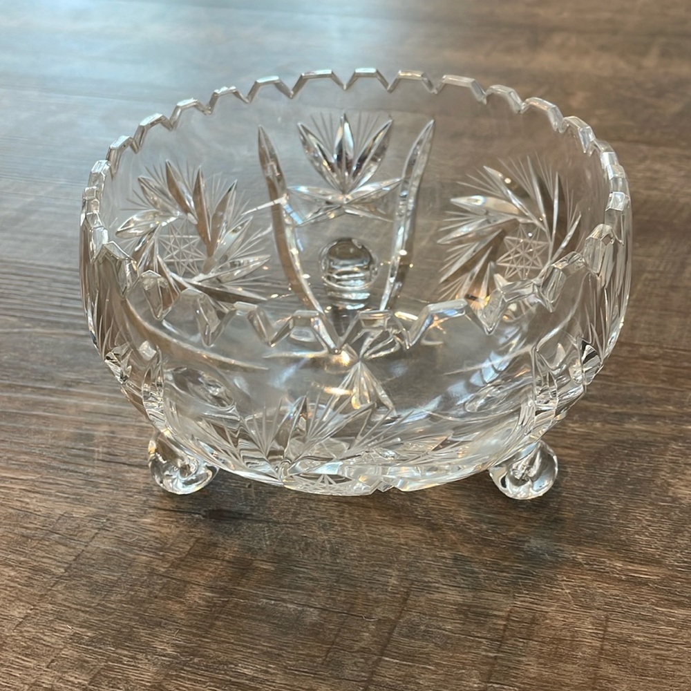 American Brilliant ABP Cut Glass Footed Bowl Pinwheel Saw Tooth Edge 5.5”